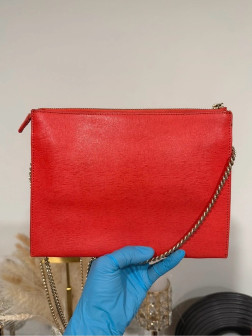Furla Red Saffiano Leather Chain Crossbody Clutch Bag Gold - Picture 2 of 9